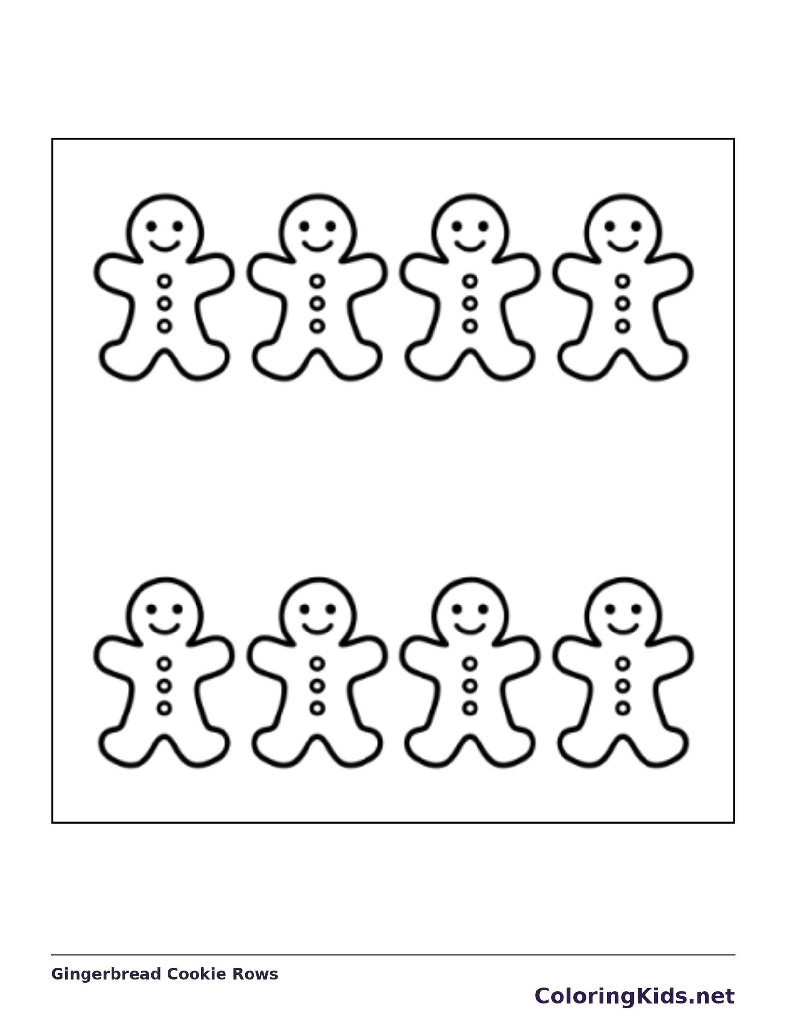 Black and white printable gingerbread cookie rows coloring sheet