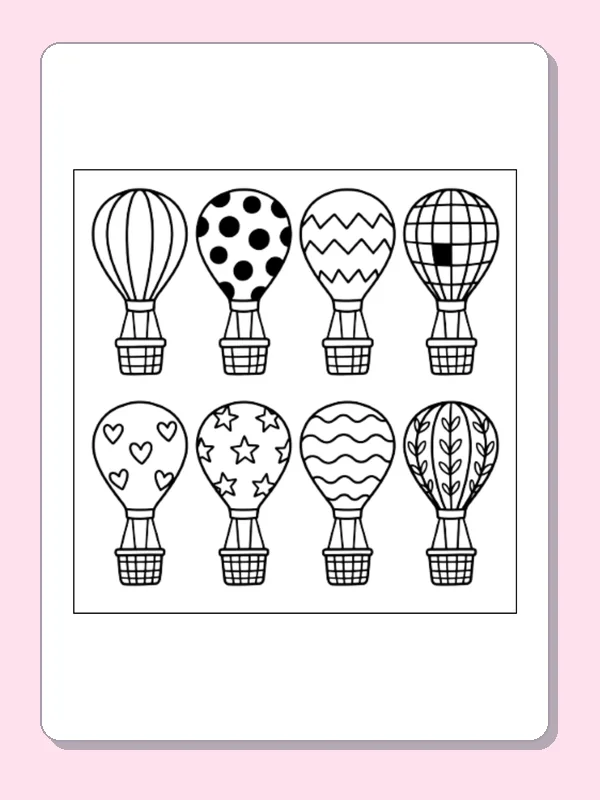 Black and white printable hot air balloon collection coloring sheet