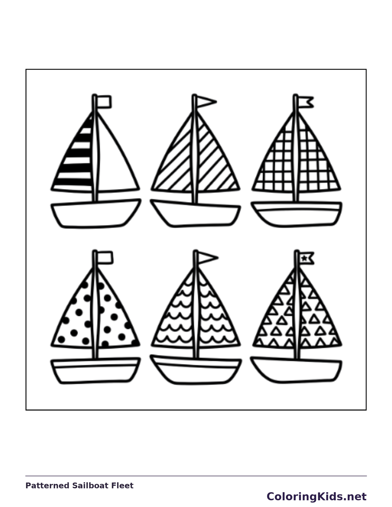 Black and white printable patterned sailboat fleet coloring sheet