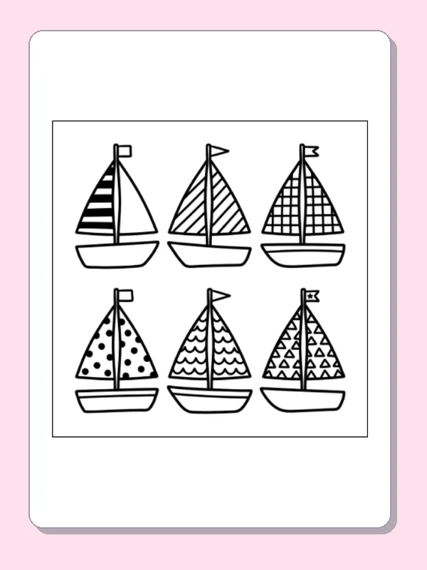 Black and white printable patterned sailboat fleet coloring sheet
