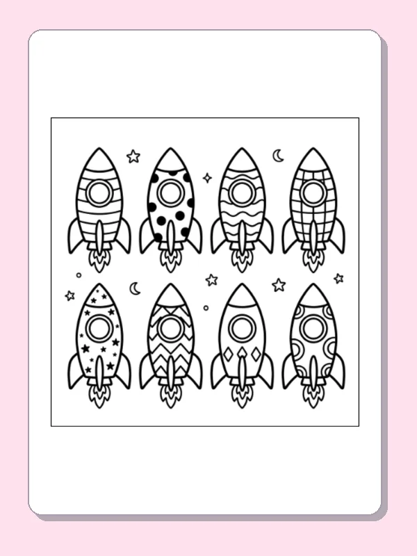 Black and white printable rocket ship lineup coloring sheet