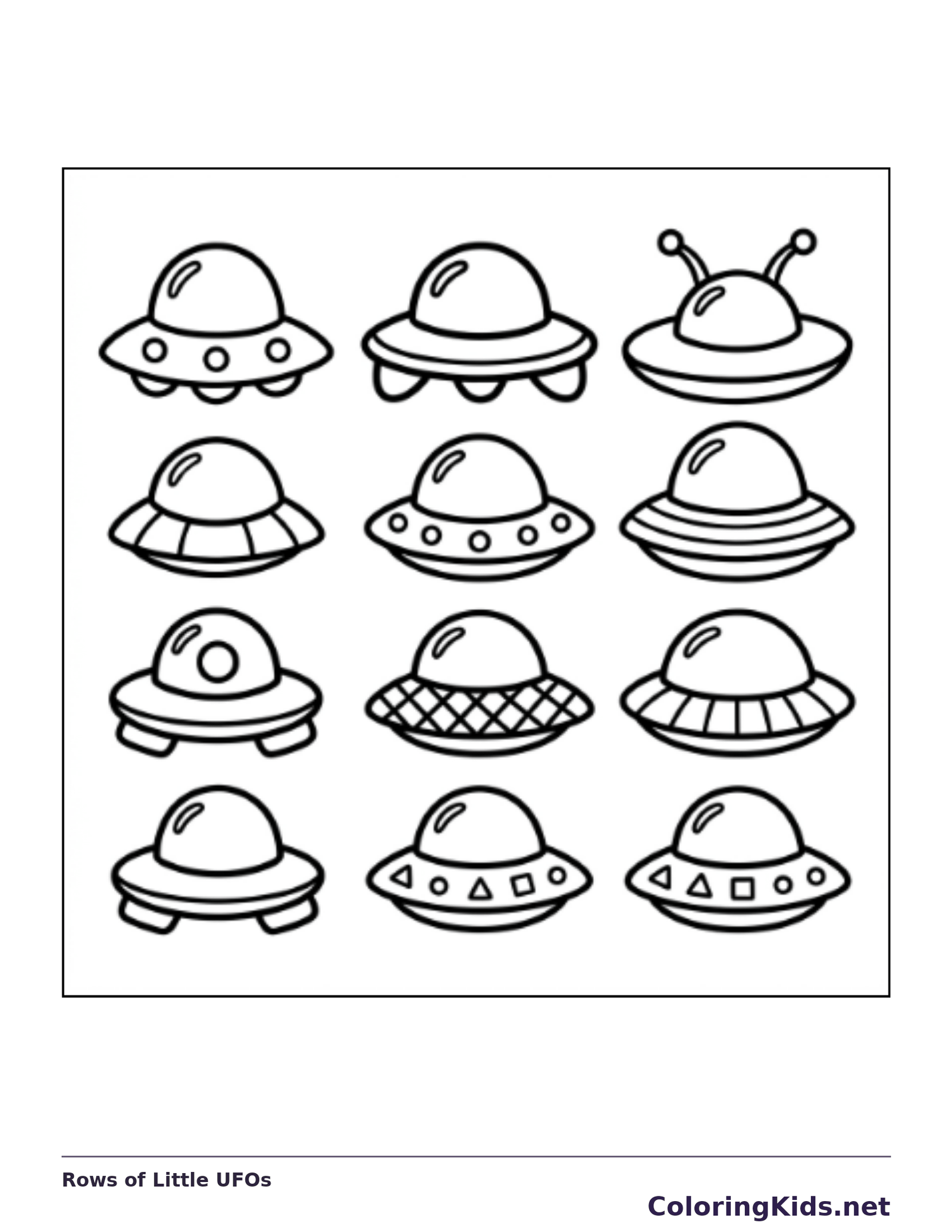 Black and white printable rows of little ufos coloring sheet