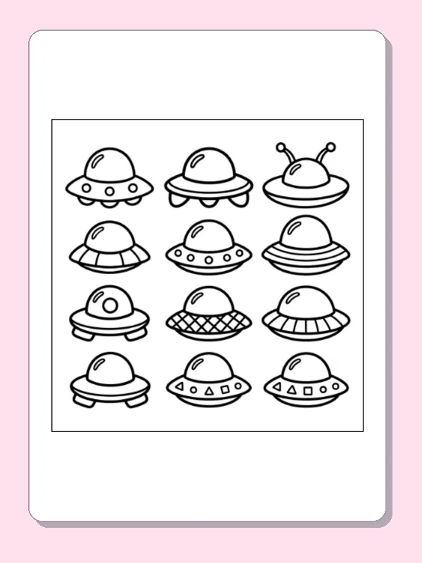 Black and white printable rows of little ufos coloring sheet
