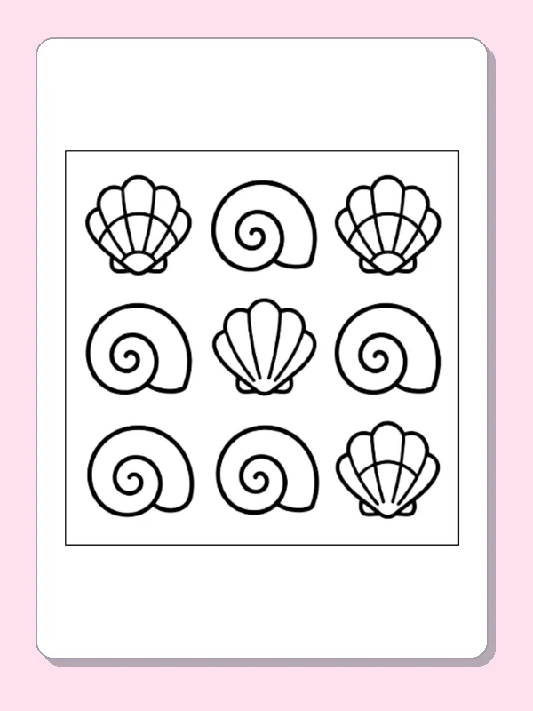 Black and white printable seashell and spiral grid coloring sheet