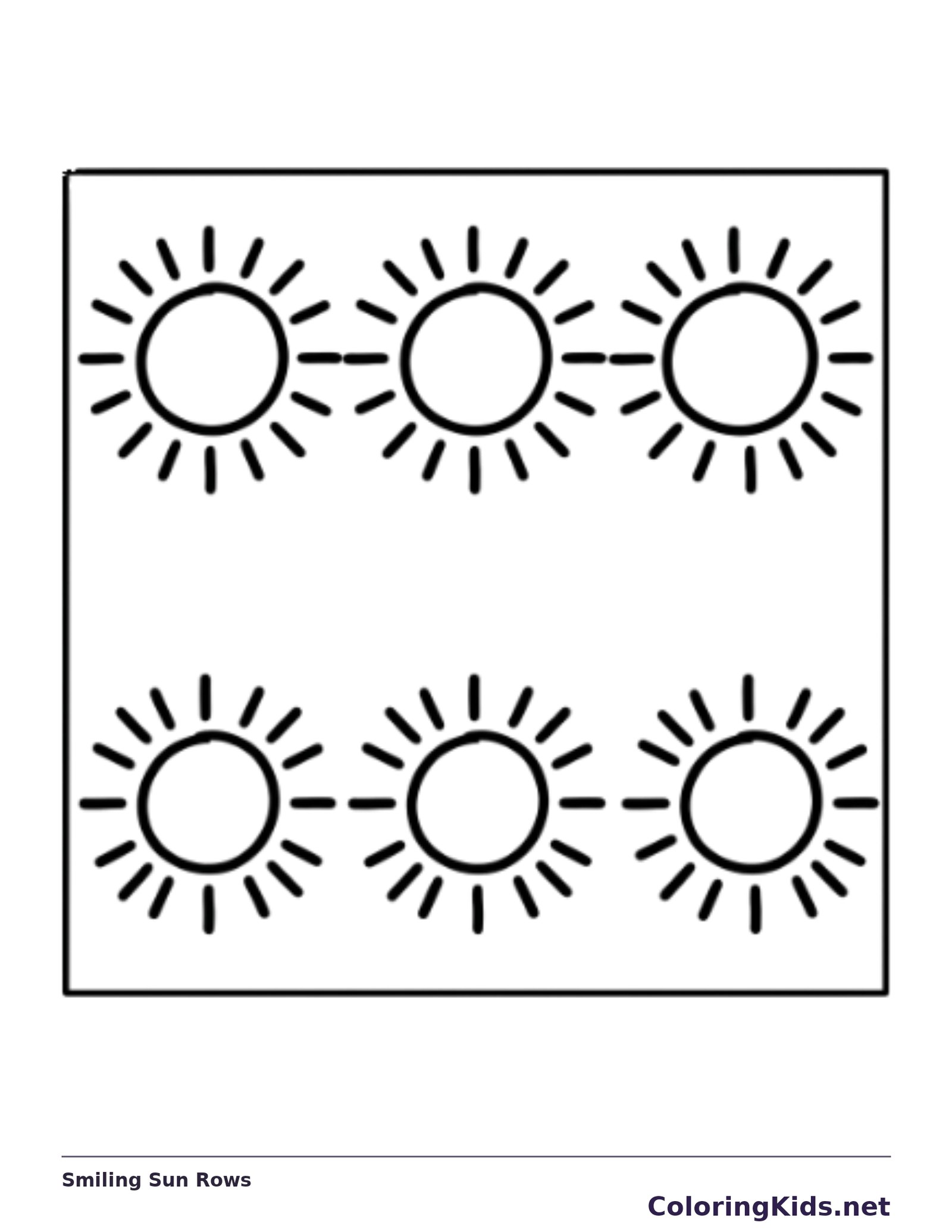 Black and white printable smiling sun rows coloring sheet