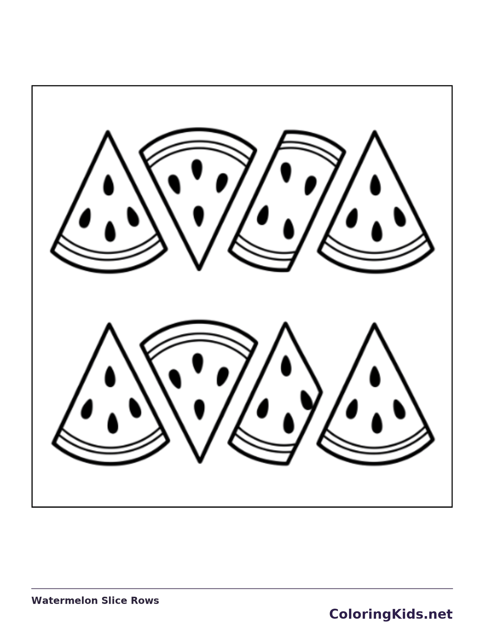 Black and white printable watermelon slice rows coloring sheet