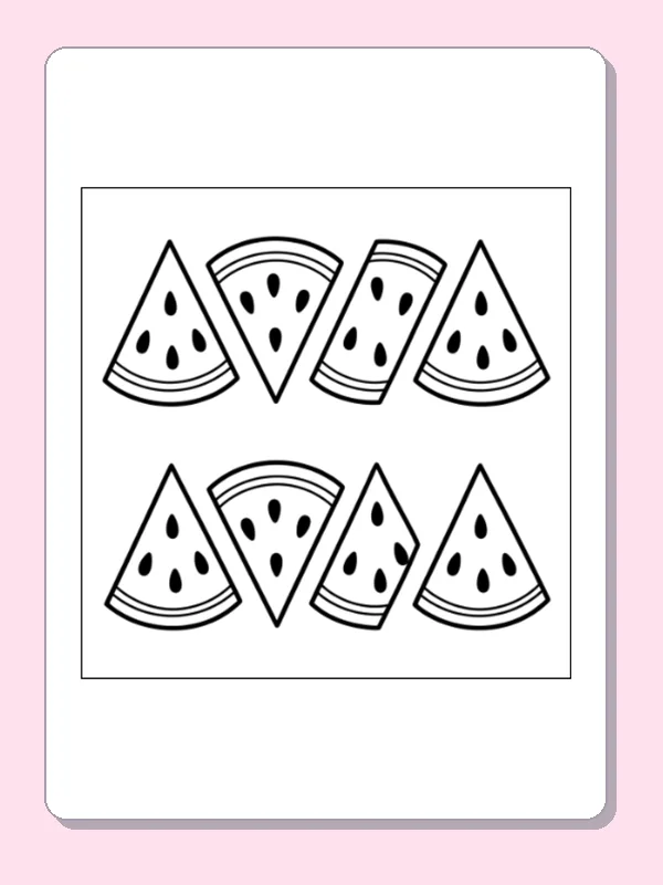 Black and white printable watermelon slice rows coloring sheet