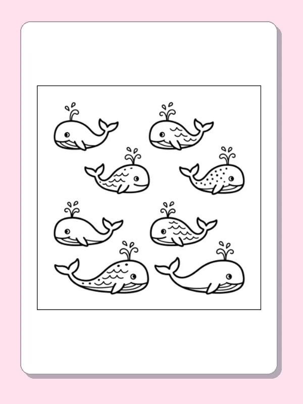 Black and white printable whales in two rows coloring sheet