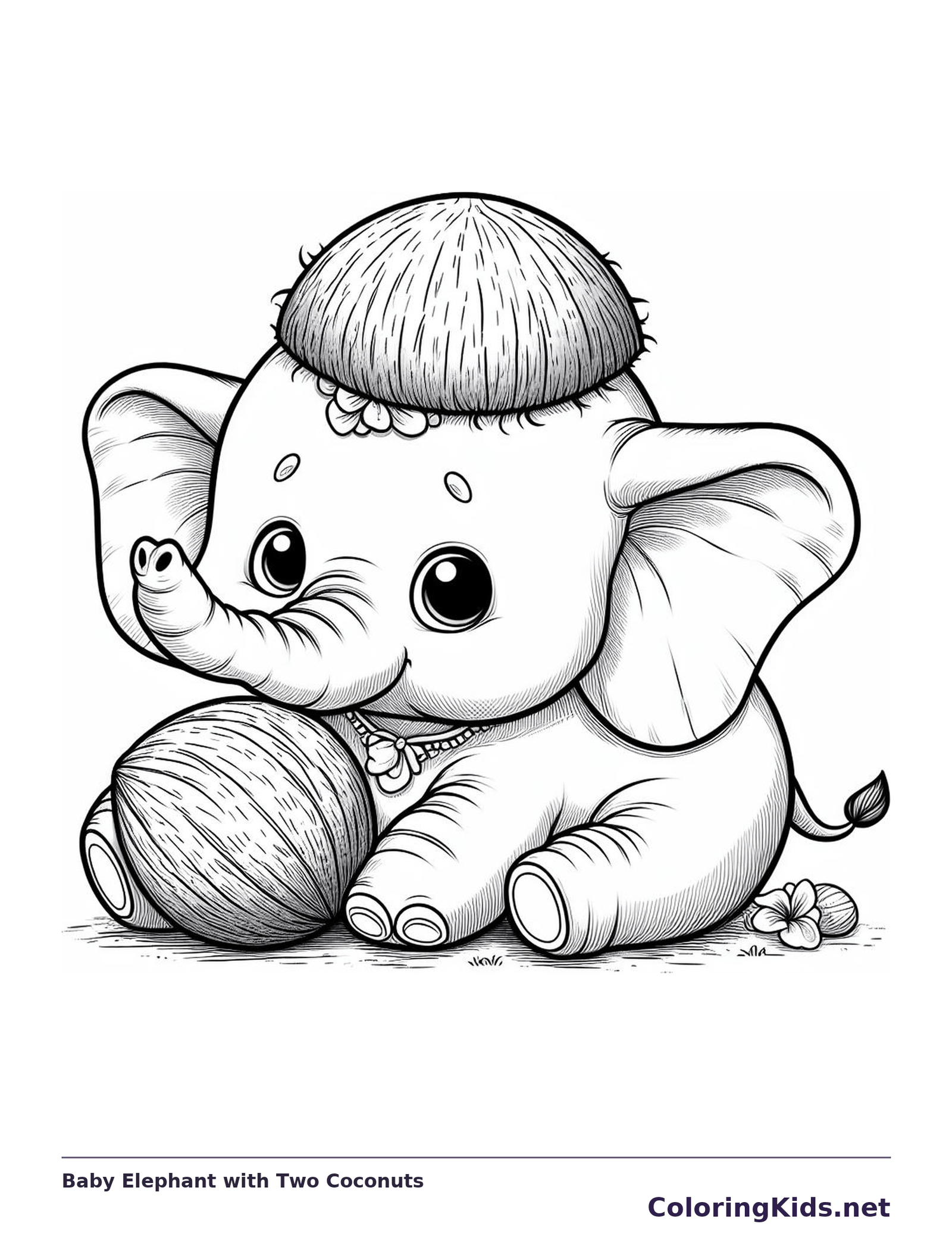Black-and-white elephant coloring page of baby elephant with two coconuts: A baby elephant sits beside a coconut while another husk rests on its head.
