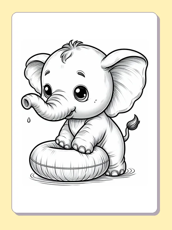 Black-and-white elephant coloring page of baby elephant leaning on a swim ring: An elephant rests its front feet on a large inflatable ring against a mostly open background.