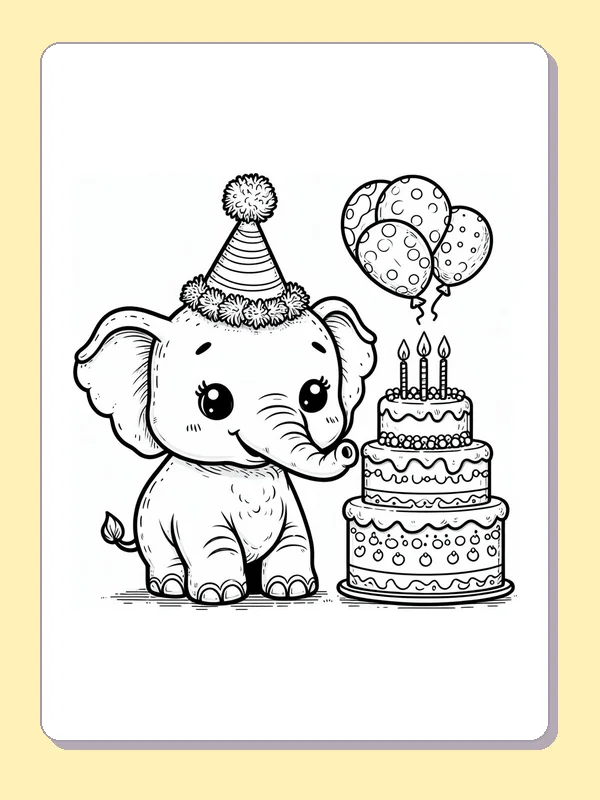 Black-and-white elephant coloring page of elephant with balloons and birthday cake: A party-hatted elephant stands beside a tall candle cake and two balloons.