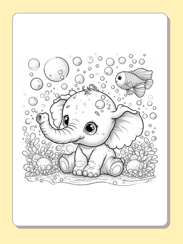 Black-and-white elephant coloring page of elephant among bubbles and a fish: A baby elephant sits under floating bubbles and one fish, with flowers and grass around it.