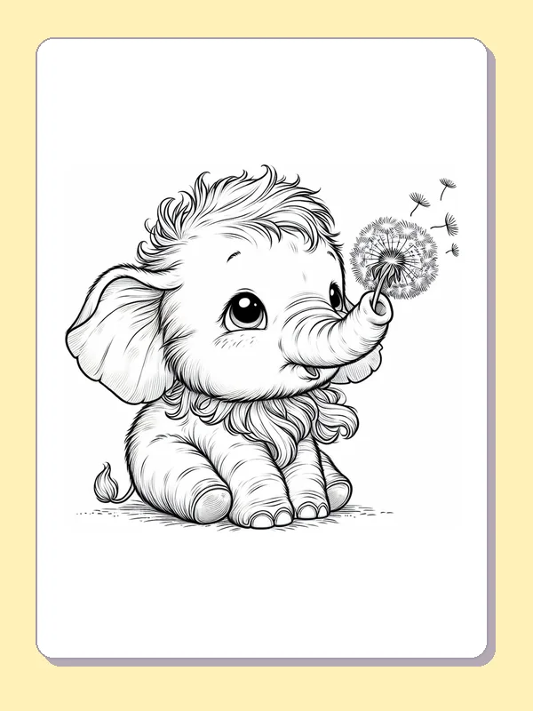 Black-and-white elephant coloring page of elephant blowing dandelion seeds: A fluffy baby elephant lifts a dandelion with its trunk as seeds drift away.
