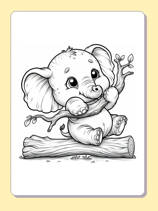Black-and-white elephant coloring page of elephant holding a leafy branch: An elephant sits on a log while its trunk lifts a small leafy branch.