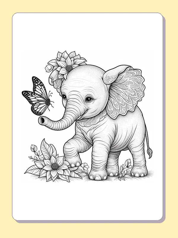 Black-and-white elephant coloring page of baby elephant greeting a butterfly: An elephant lifts its trunk toward a butterfly among leaves and flowers.