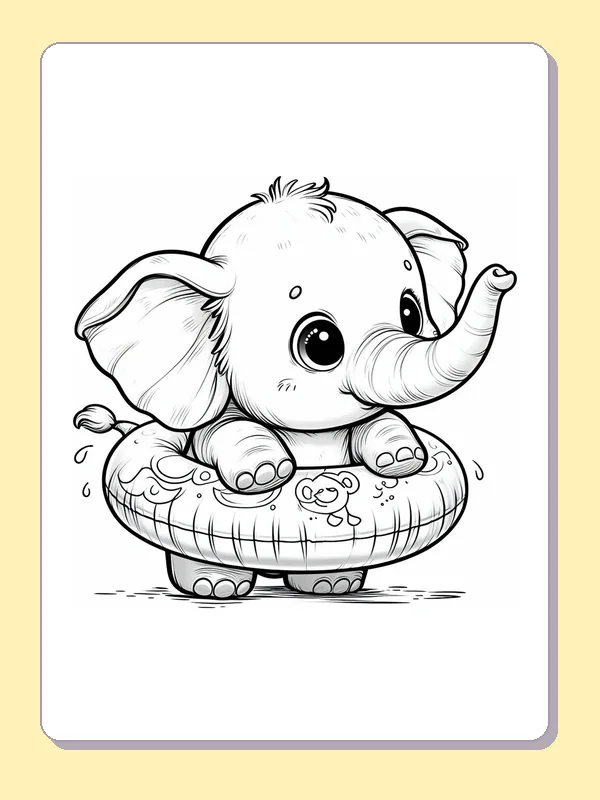 Black-and-white elephant coloring page of elephant sitting in a patterned float: A baby elephant sits in an inflatable ring decorated with a small animal face.