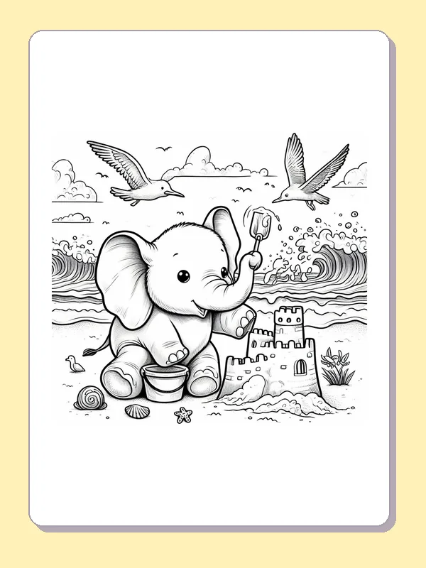 Black-and-white elephant coloring page of elephant with a sandcastle and shovel: An elephant holds a shovel beside a sandcastle and bucket as waves roll behind it.