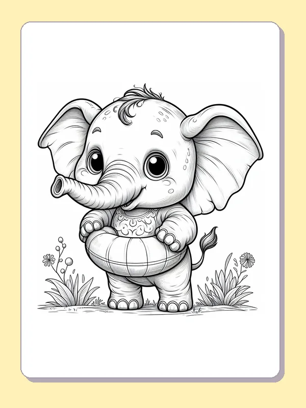 Black-and-white elephant coloring page of elephant holding a striped swim ring: A baby elephant stands in grass holding a striped inflatable ring in front of its belly.
