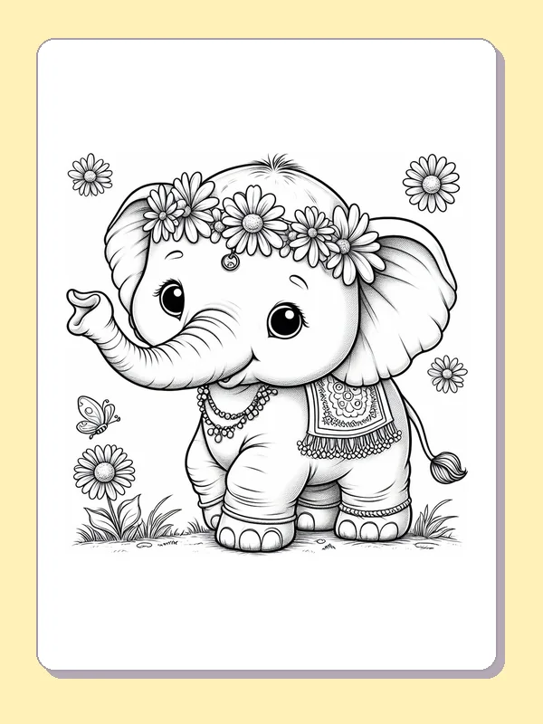 Black-and-white elephant coloring page of flower-crowned baby elephant: A baby elephant wears a daisy crown and a patterned side cloth in a flower garden.