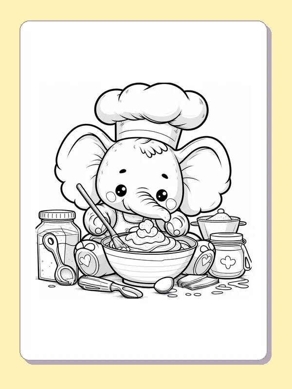 Black-and-white elephant coloring page of chef elephant stirring a bowl: A chef-hatted elephant stirs a mixing bowl beside jars, spoons, cups and ingredients.