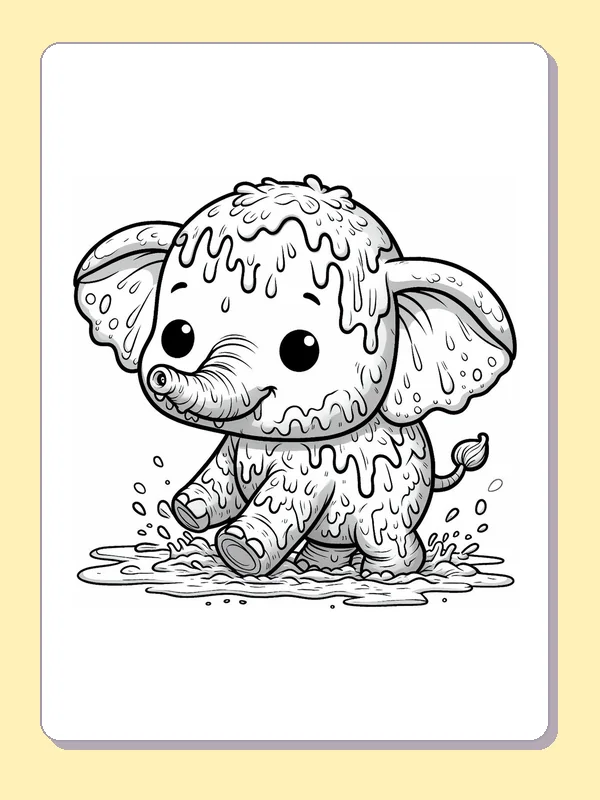 Black-and-white elephant coloring page of muddy elephant in a puddle: A seated elephant splashes in a shallow puddle with dripping mud over its head, ears and body.