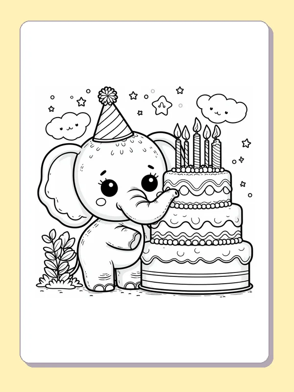 Black-and-white elephant coloring page of birthday elephant beside a tall cake: An elephant in a party hat stands beside a layered cake with candles and icing bands.