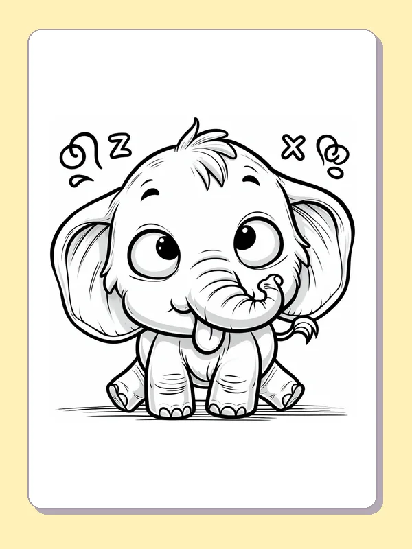 Black-and-white elephant coloring page of silly elephant sticking out its tongue: A seated elephant sticks out its tongue while little doodle symbols float above its head.