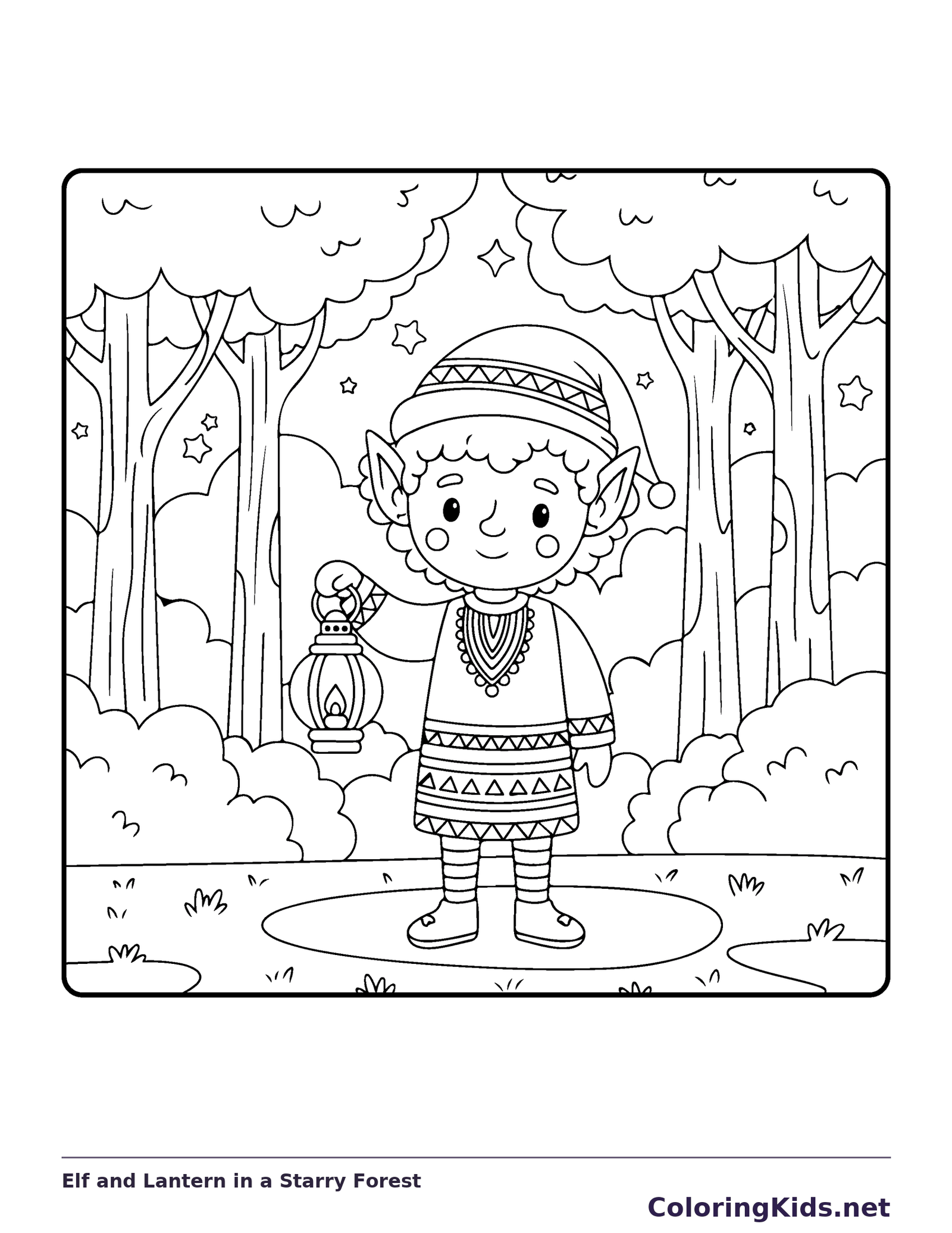 Elf and Lantern in a Starry Forest black and white elf coloring page