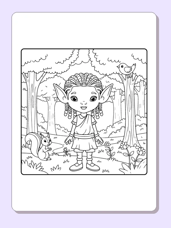 Elf and Squirrel in the Forest black and white elf coloring page