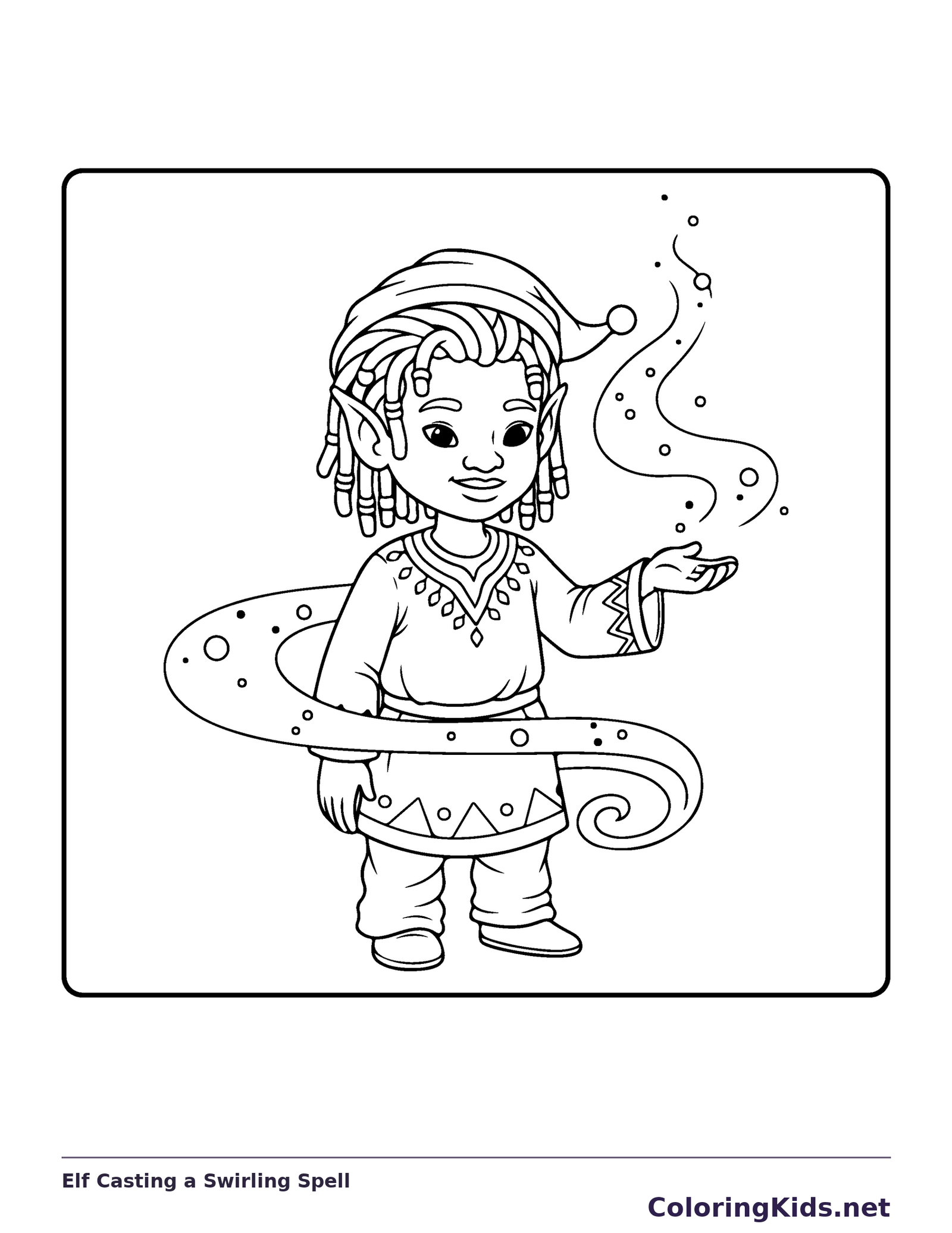 Elf Casting a Swirling Spell black and white elf coloring page