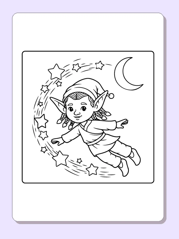 Elf Flying Through a Ring of Stars black and white elf coloring page