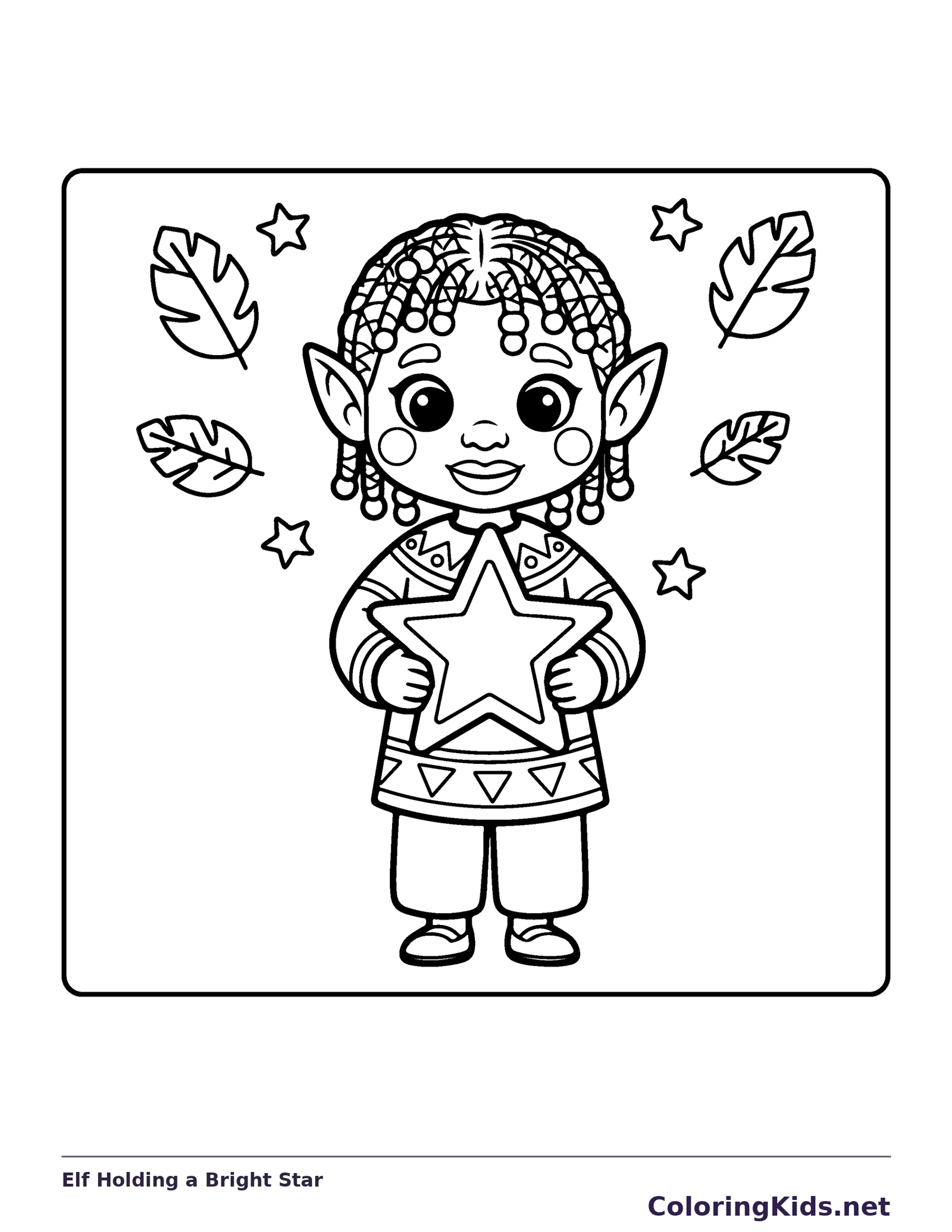 Elf Holding a Bright Star black and white elf coloring page