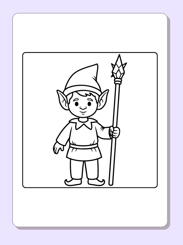 Elf Holding a Crystal Staff black and white elf coloring page