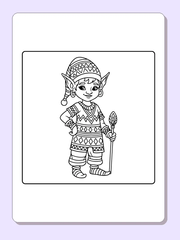 Elf in a Geometric Winter Outfit black and white elf coloring page