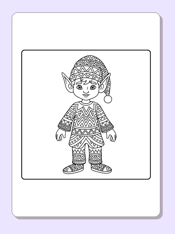 Elf in a Matching Patterned Set black and white elf coloring page