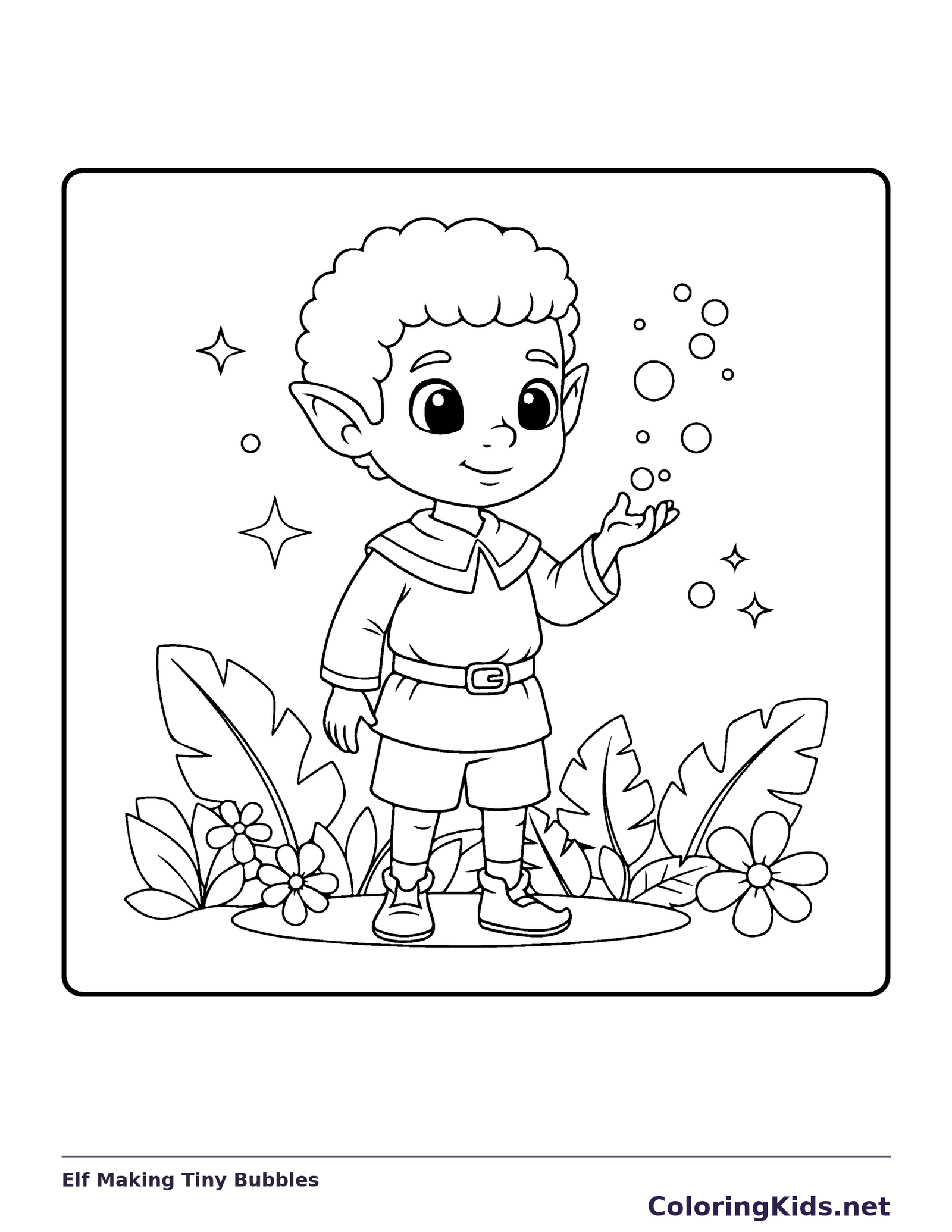 Elf Making Tiny Bubbles black and white elf coloring page