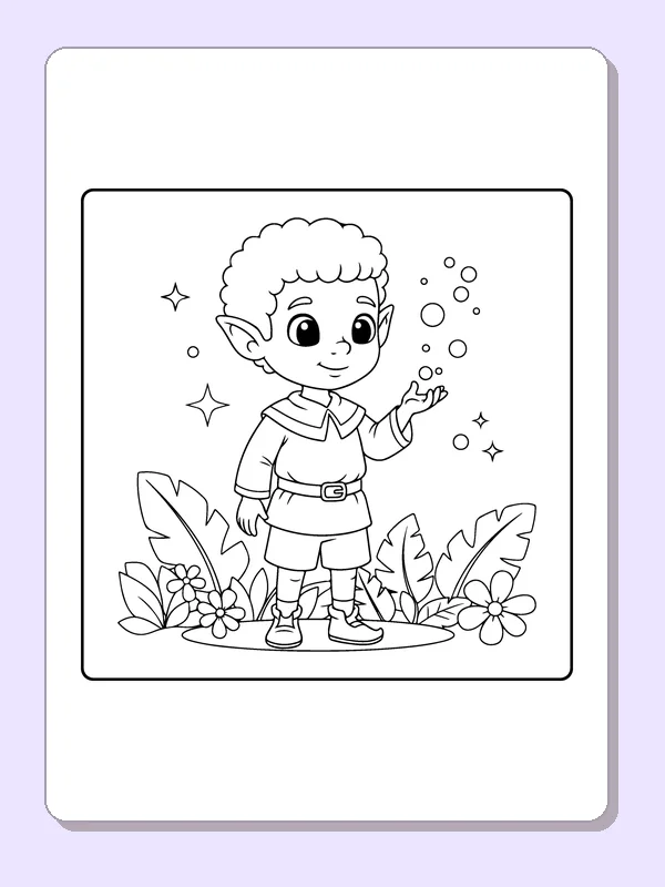 Elf Making Tiny Bubbles black and white elf coloring page