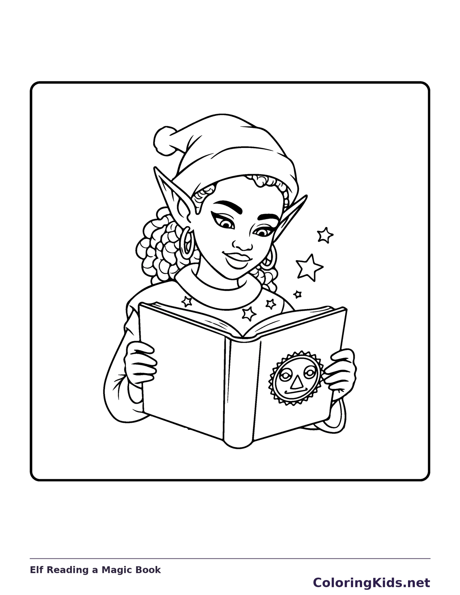 Elf Reading a Magic Book black and white elf coloring page