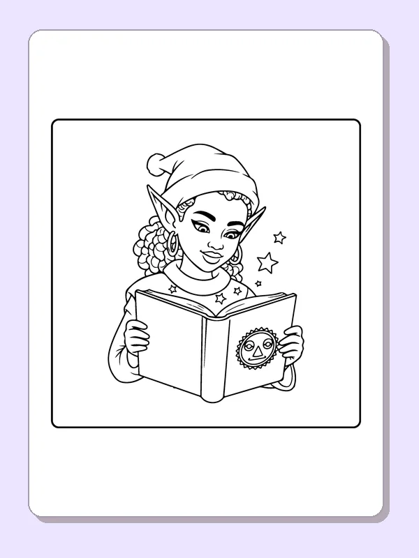 Elf Reading a Magic Book black and white elf coloring page