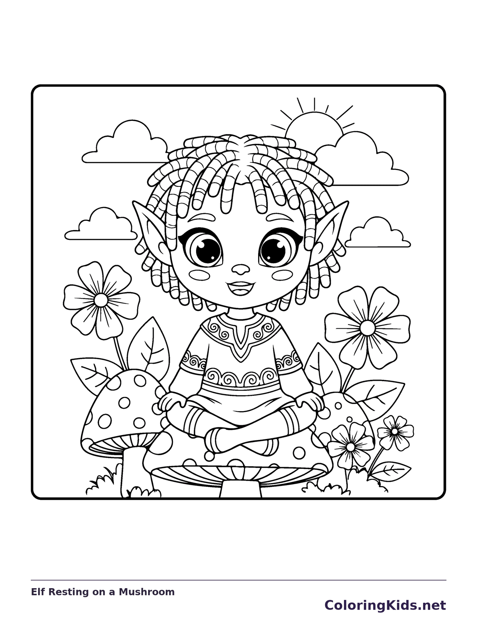 Elf Resting on a Mushroom black and white elf coloring page