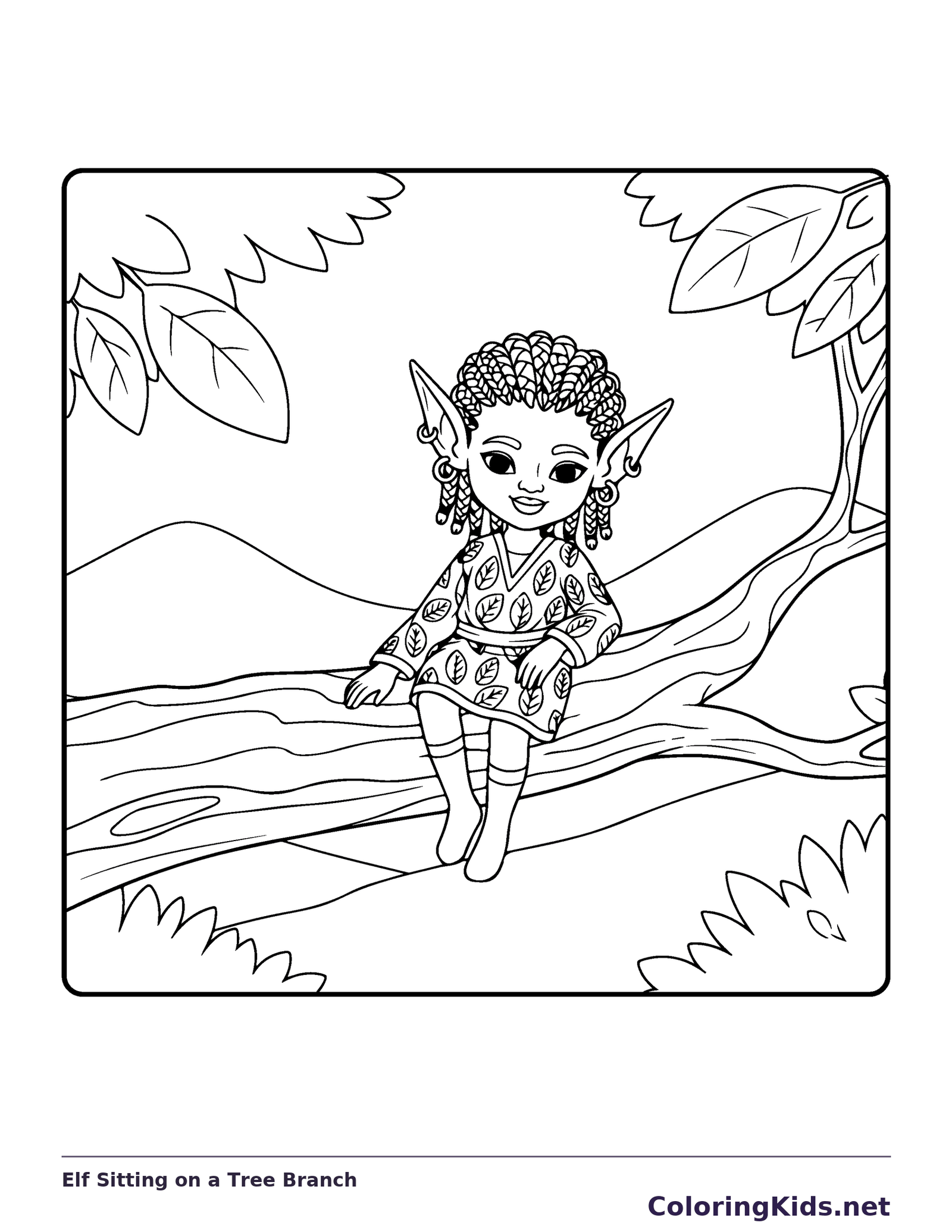 Elf Sitting on a Tree Branch black and white elf coloring page