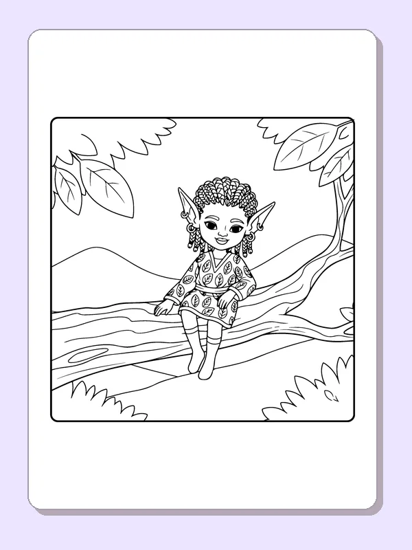 Elf Sitting on a Tree Branch black and white elf coloring page
