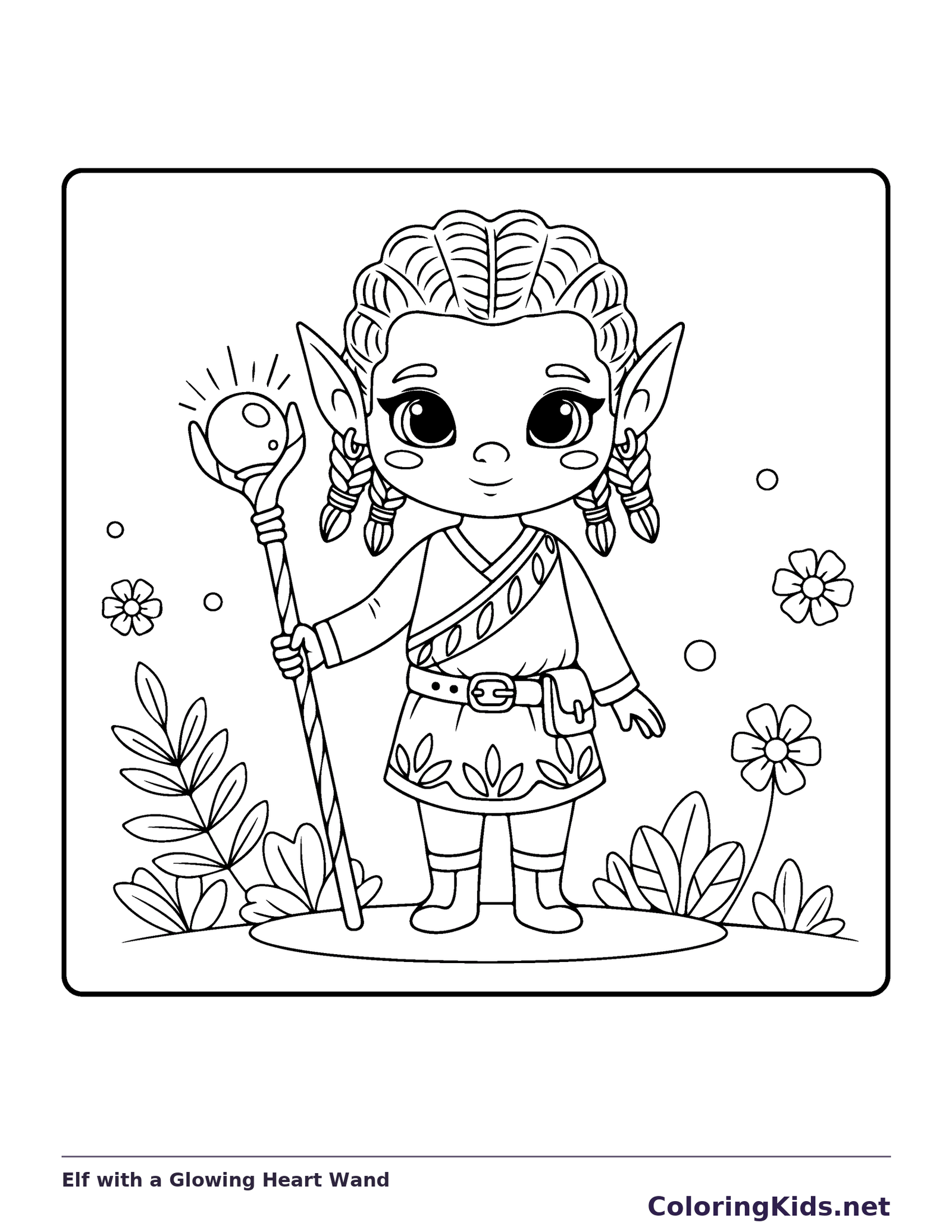 Elf with a Glowing Heart Wand black and white elf coloring page