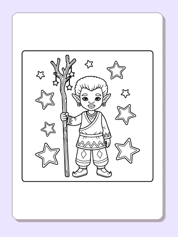 Elf with a Star Staff black and white elf coloring page