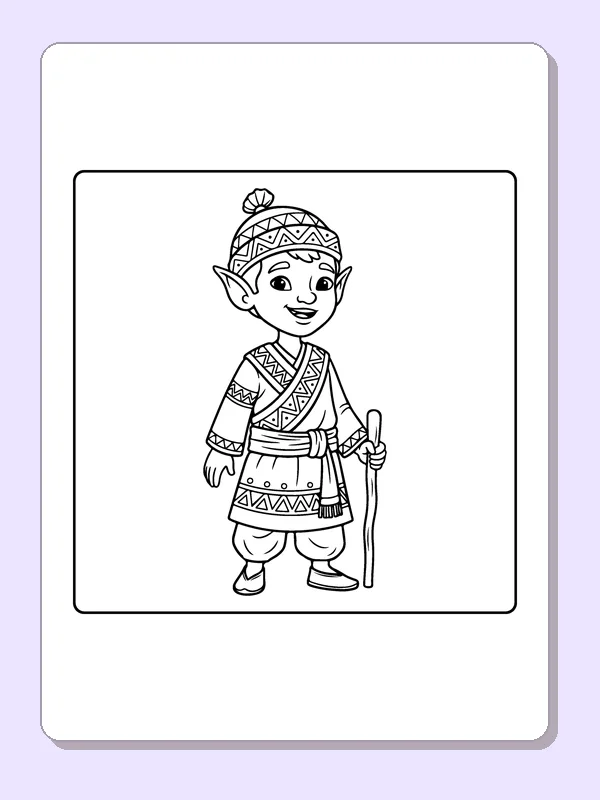 Elf with a Walking Stick black and white elf coloring page