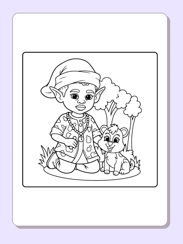 Elf with a Woodland Puppy black and white elf coloring page