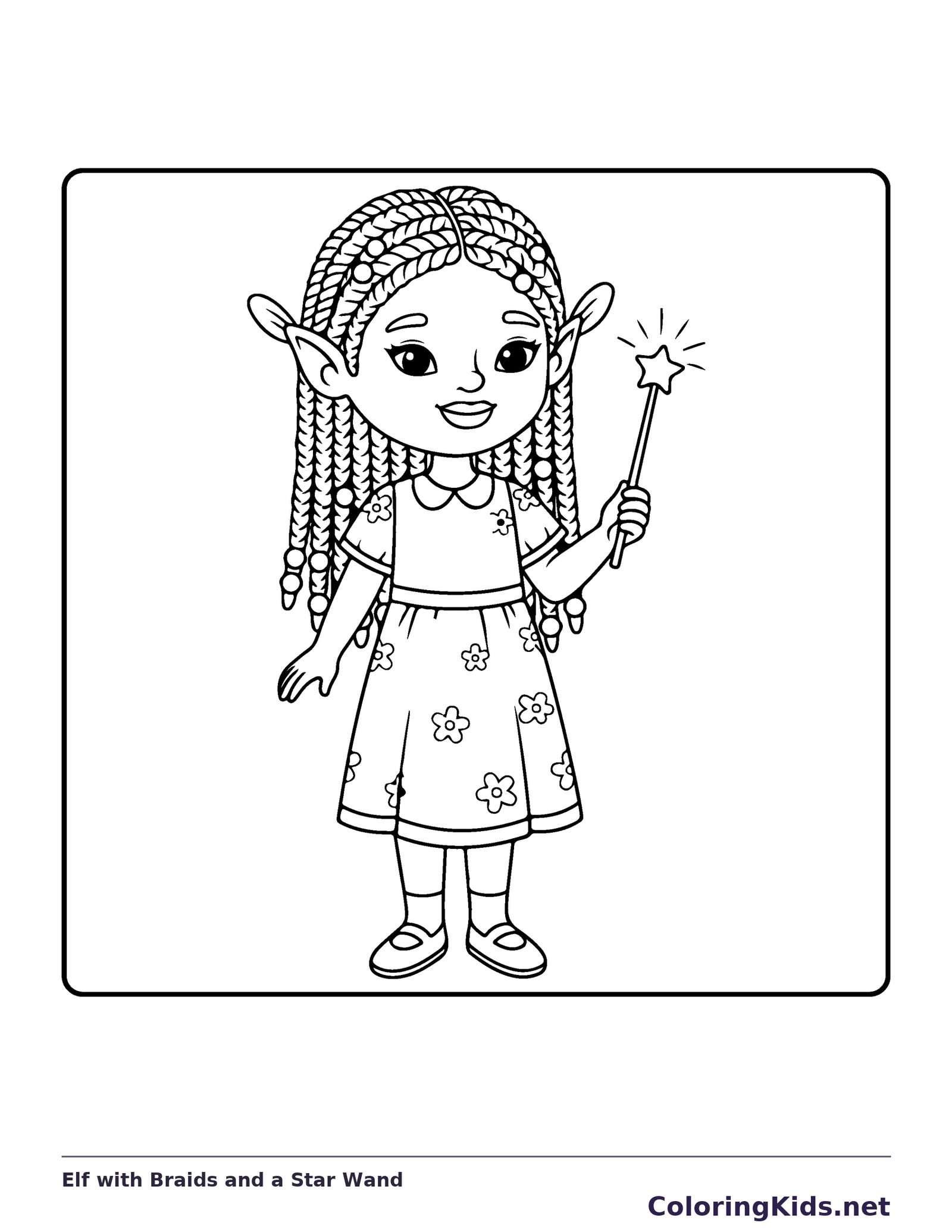 Elf with Braids and a Star Wand black and white elf coloring page