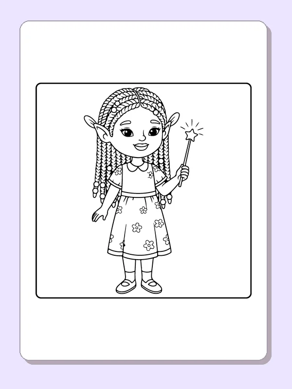 Elf with Braids and a Star Wand black and white elf coloring page