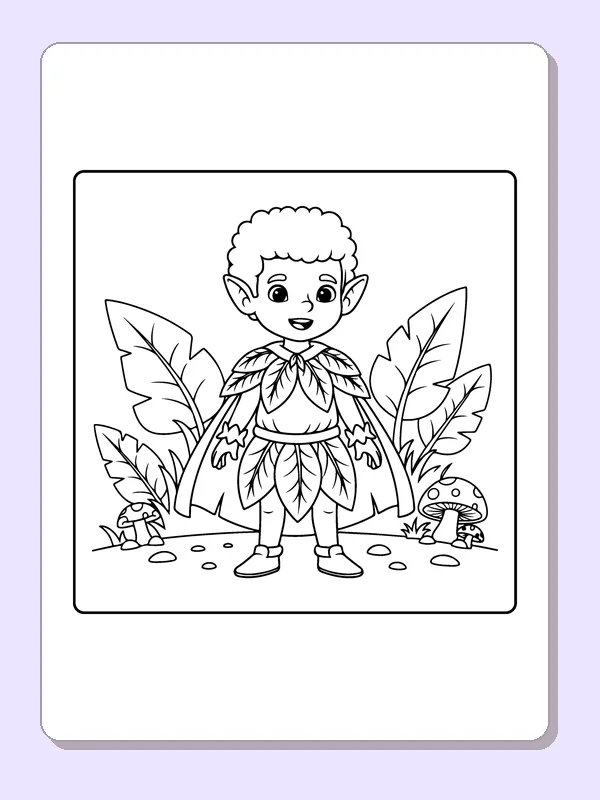 Leaf-Cloak Elf in the Woods black and white elf coloring page