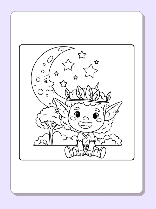 Little Elf Under a Crescent Moon black and white elf coloring page